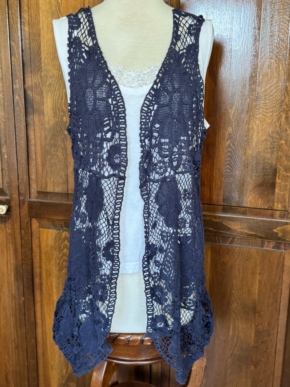 Cotton Lace Crochet Duster Vest High Low Boho Fall Transition Navy Large